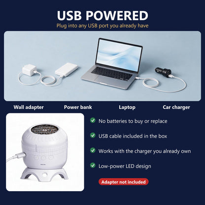 Noelora works with a USB wall adapter, power bank, laptop or car charger