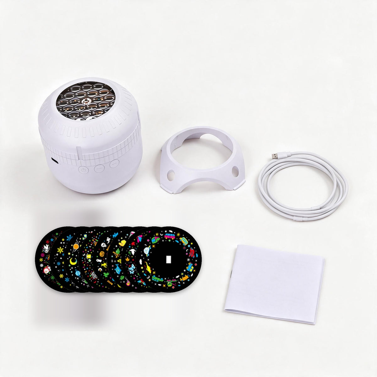 What is in the box: Noelora light, stand, USB cable, eight scene films and quick-start guide